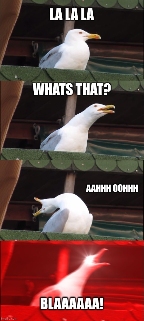 Inhaling Seagull | LA LA LA; WHATS THAT? AAHHH OOHHH; BLAAAAAA! | image tagged in memes,inhaling seagull | made w/ Imgflip meme maker