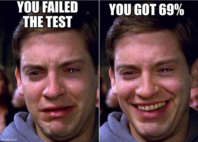 trues | YOU FAILED THE TEST; YOU GOT 69% | image tagged in peter parker sad cry happy cry | made w/ Imgflip meme maker