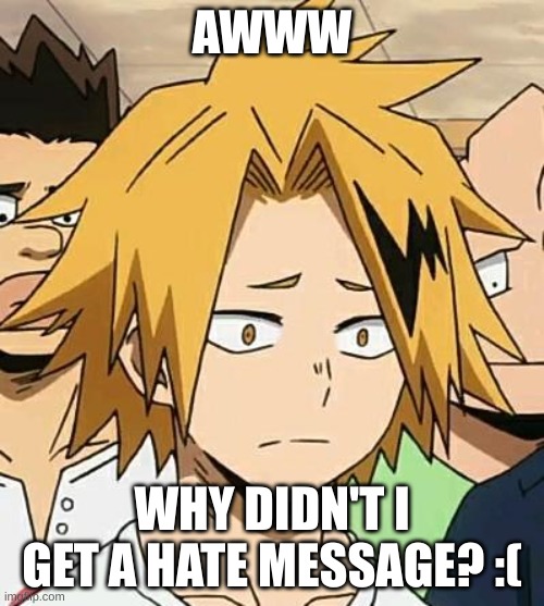 Sad Denki | AWWW; WHY DIDN'T I GET A HATE MESSAGE? :( | image tagged in sad denki | made w/ Imgflip meme maker