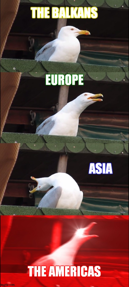 CONTIENTS BY SIZE | THE BALKANS; EUROPE; ASIA; THE AMERICAS | image tagged in memes,inhaling seagull,geography,seagulls | made w/ Imgflip meme maker