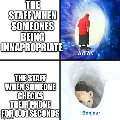 Staff need to pay attention | THE STAFF WHEN SOMEONES BEING INNAPROPRIATE; THE STAFF WHEN SOMEONE CHECKS THEIR PHONE FOR 0.01 SECONDS | image tagged in adios bonjour,staff | made w/ Imgflip meme maker