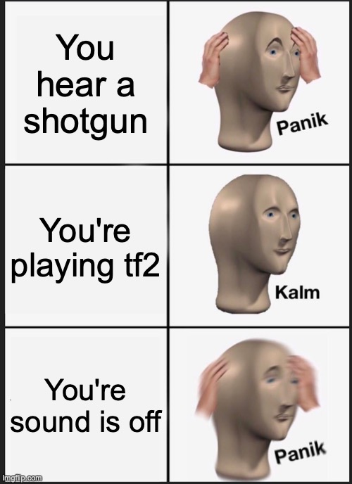 Tf2 | You hear a shotgun; You're playing tf2; You're sound is off | image tagged in memes,panik kalm panik | made w/ Imgflip meme maker