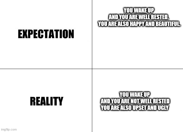 Expectation vs Reality |  YOU WAKE UP 

AND YOU ARE WELL RESTED. 

YOU ARE ALSO HAPPY AND BEAUTIFUL. YOU WAKE UP

 AND YOU ARE NOT WELL RESTED

YOU ARE ALSO UPSET AND UGLY | image tagged in expectation vs reality | made w/ Imgflip meme maker