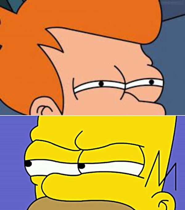 Suspicious Fry and Homer Staredown Blank Meme Template