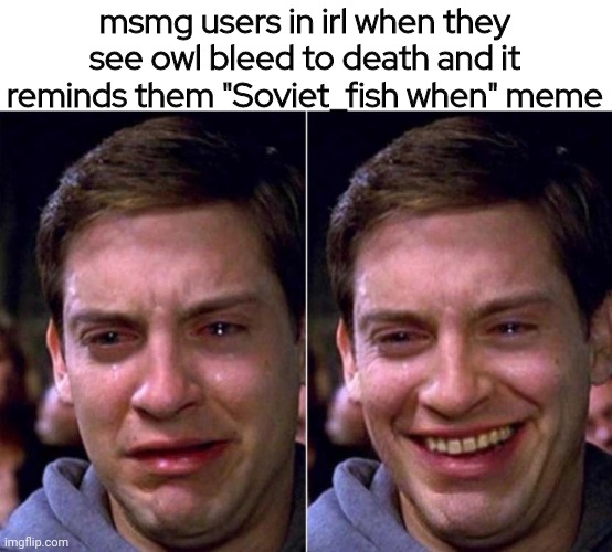 Peter Parker Sad Cry Happy cry | msmg users in irl when they see owl bleed to death and it reminds them "Soviet_fish when" meme | image tagged in peter parker sad cry happy cry | made w/ Imgflip meme maker