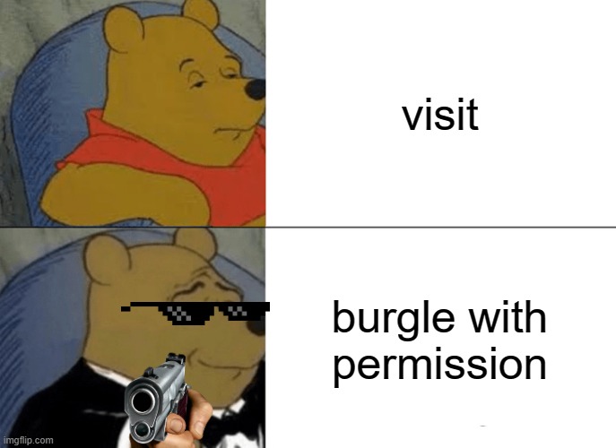 Tuxedo Winnie The Pooh |  visit; burgle with permission | image tagged in memes,tuxedo winnie the pooh,visit,burglar,dark humor,criminals | made w/ Imgflip meme maker