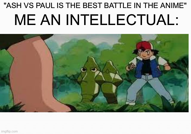 Infernape vs Electivire aint got nothing on Metapod vs Metapod | ME AN INTELLECTUAL:; "ASH VS PAUL IS THE BEST BATTLE IN THE ANIME" | image tagged in pokemom | made w/ Imgflip meme maker