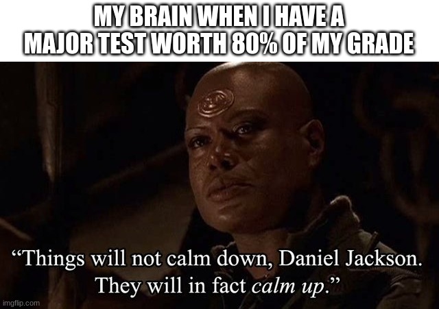 stargate Teal´c calm up | MY BRAIN WHEN I HAVE A MAJOR TEST WORTH 80% OF MY GRADE | image tagged in stargate,sg1 | made w/ Imgflip meme maker