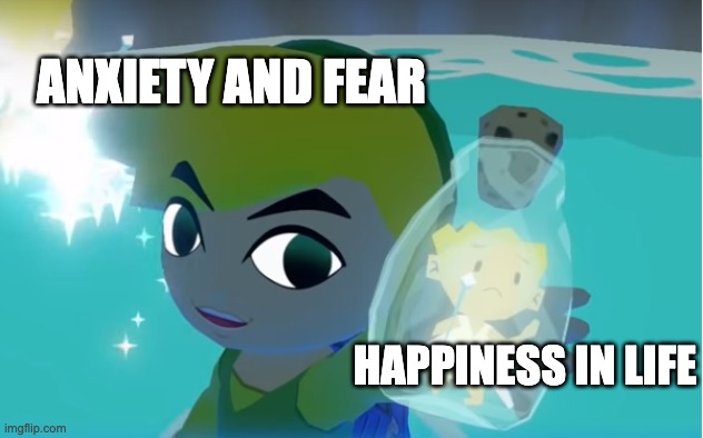Legend of Zelda fairy in a bottle | ANXIETY AND FEAR; HAPPINESS IN LIFE | image tagged in legend of zelda fairy in a bottle | made w/ Imgflip meme maker