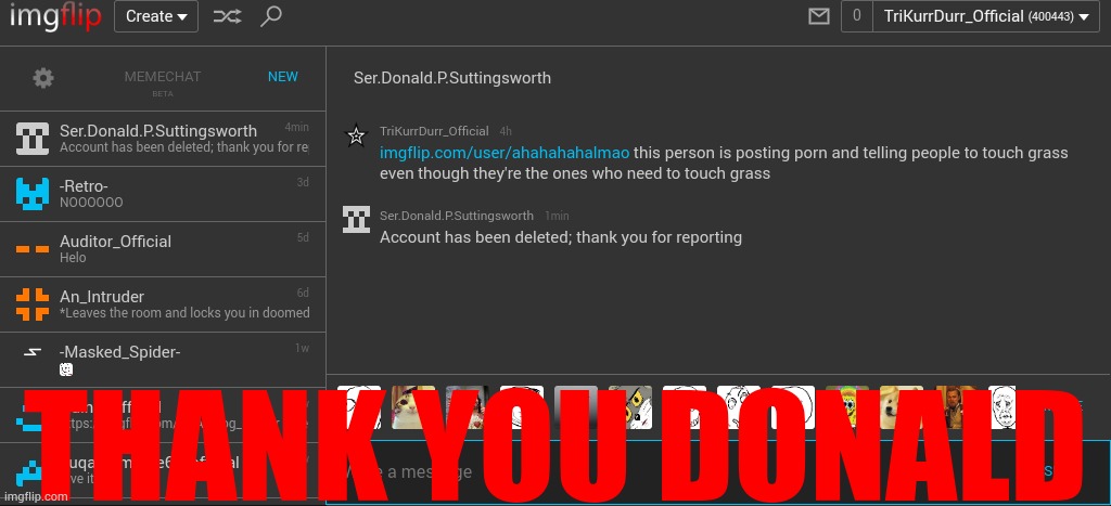 ahahahahalmao finally got deleted | THANK YOU DONALD | made w/ Imgflip meme maker