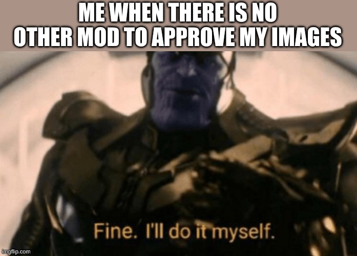 fine, I'll do it myself | ME WHEN THERE IS NO OTHER MOD TO APPROVE MY IMAGES | image tagged in fine i'll do it myself | made w/ Imgflip meme maker