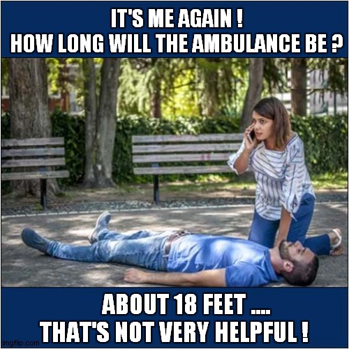 Is That The Emergency Services ? | IT'S ME AGAIN !
 HOW LONG WILL THE AMBULANCE BE ? ABOUT 18 FEET ....
THAT'S NOT VERY HELPFUL ! | image tagged in ambulance,emergency alert,unhelpful,dark humour | made w/ Imgflip meme maker