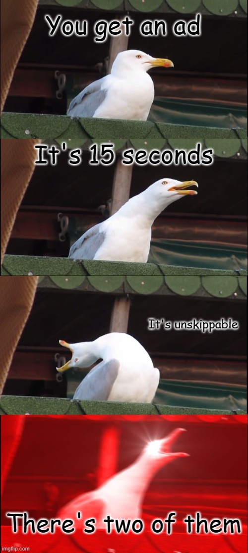 Inhaling Seagull | You get an ad; It's 15 seconds; It's unskippable; There's two of them | image tagged in memes,inhaling seagull | made w/ Imgflip meme maker