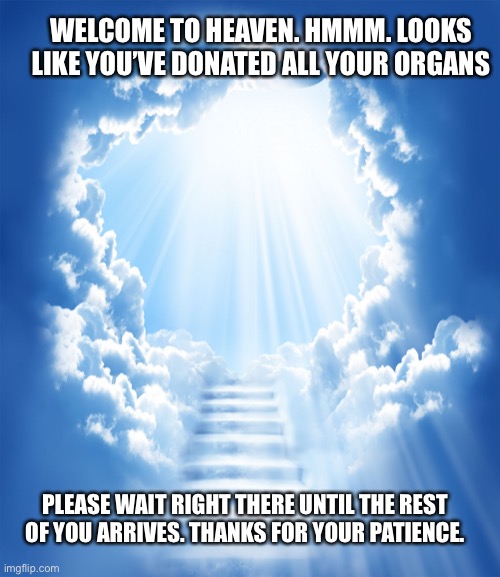 Welcome to heaven |  WELCOME TO HEAVEN. HMMM. LOOKS LIKE YOU’VE DONATED ALL YOUR ORGANS; PLEASE WAIT RIGHT THERE UNTIL THE REST OF YOU ARRIVES. THANKS FOR YOUR PATIENCE. | image tagged in heaven,waiting,sorry,mr potato head,need,more | made w/ Imgflip meme maker