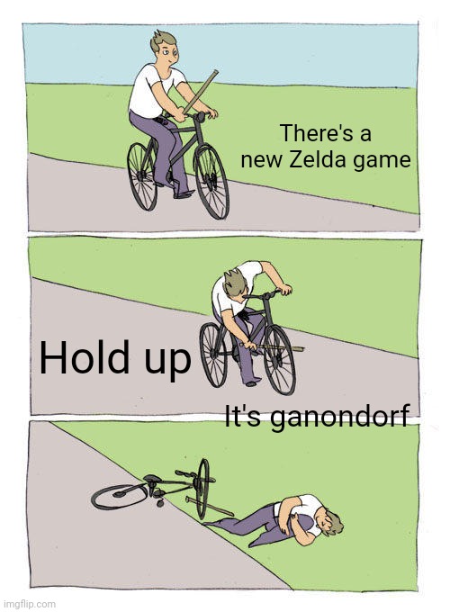 Bike Fall Meme | There's a new Zelda game; Hold up; It's ganondorf | image tagged in memes,bike fall | made w/ Imgflip meme maker