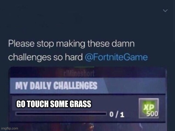 Stop making these challenges so hard fortnite | GO TOUCH SOME GRASS | image tagged in stop making these challenges so hard fortnite | made w/ Imgflip meme maker