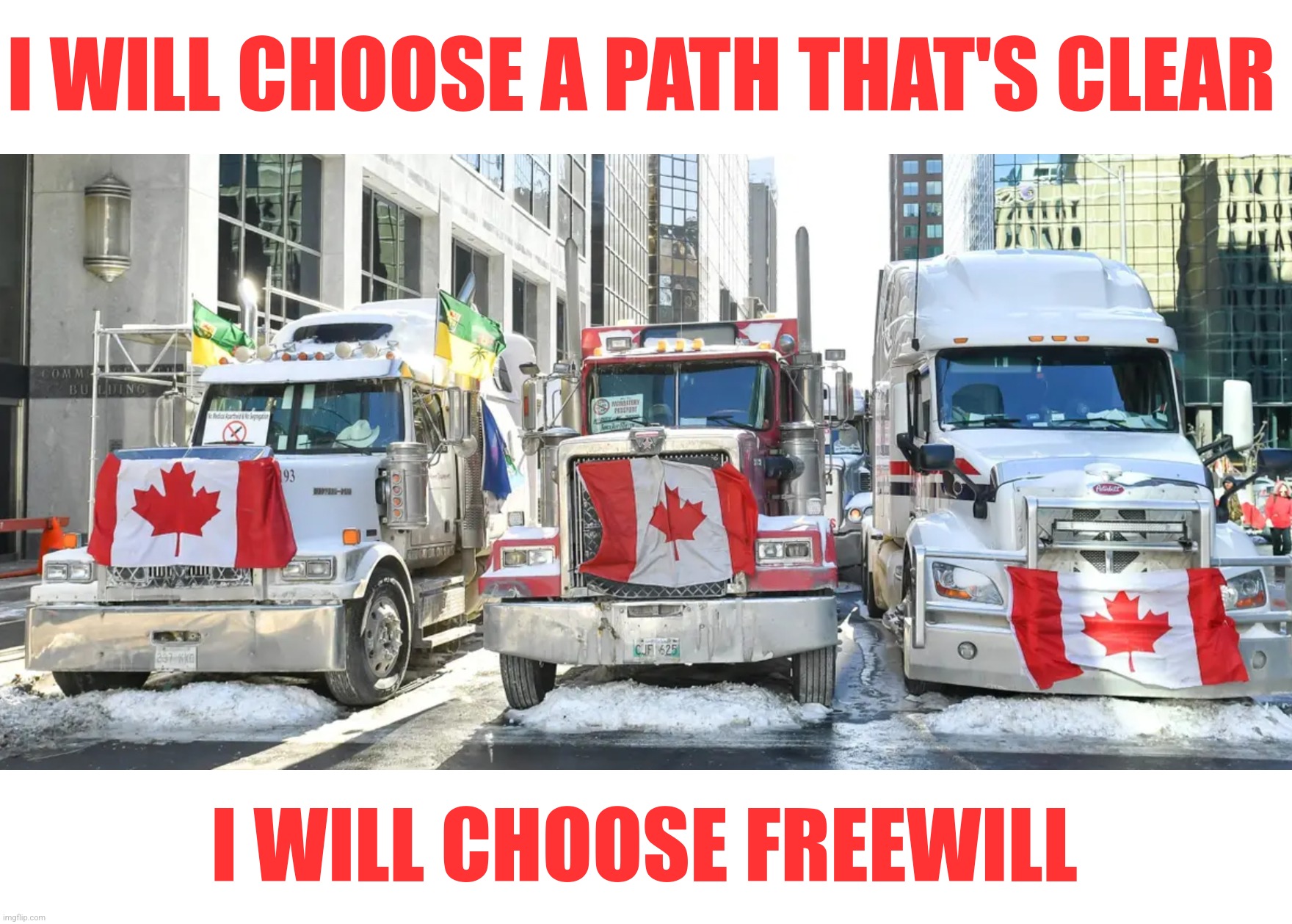 The new Canadian national anthem | I WILL CHOOSE A PATH THAT'S CLEAR; I WILL CHOOSE FREEWILL | image tagged in canadian truckers,neil peart,freewill,rush | made w/ Imgflip meme maker