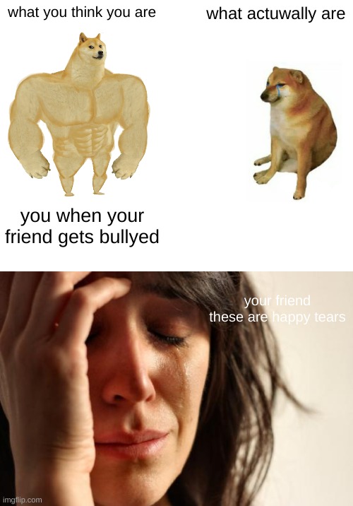 what you think you are; what actuwally are; you when your friend gets bullyed; your friend these are happy tears | image tagged in memes,buff doge vs cheems,first world problems | made w/ Imgflip meme maker