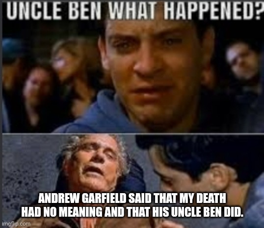 Uncle ben what happened | ANDREW GARFIELD SAID THAT MY DEATH HAD NO MEANING AND THAT HIS UNCLE BEN DID. | image tagged in uncle ben what happened | made w/ Imgflip meme maker