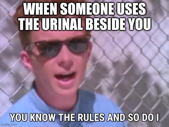 Rick astley you know the rules |  WHEN SOMEONE USES THE URINAL BESIDE YOU | image tagged in rick astley you know the rules | made w/ Imgflip meme maker