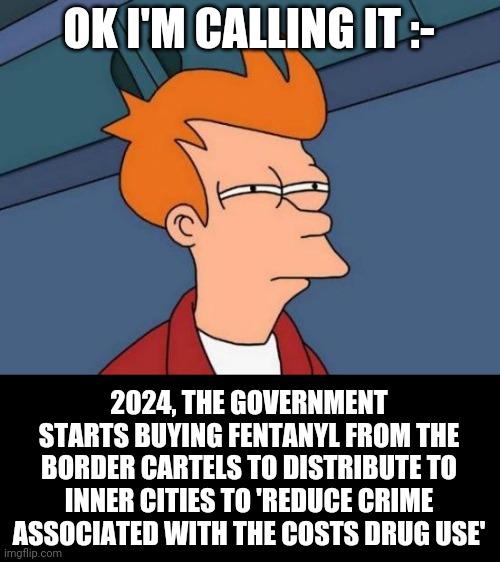 Would never happen? Neither would federal crack pipes for racial equality.. | OK I'M CALLING IT :-; 2024, THE GOVERNMENT STARTS BUYING FENTANYL FROM THE BORDER CARTELS TO DISTRIBUTE TO INNER CITIES TO 'REDUCE CRIME ASSOCIATED WITH THE COSTS DRUG USE' | image tagged in memes,futurama fry | made w/ Imgflip meme maker