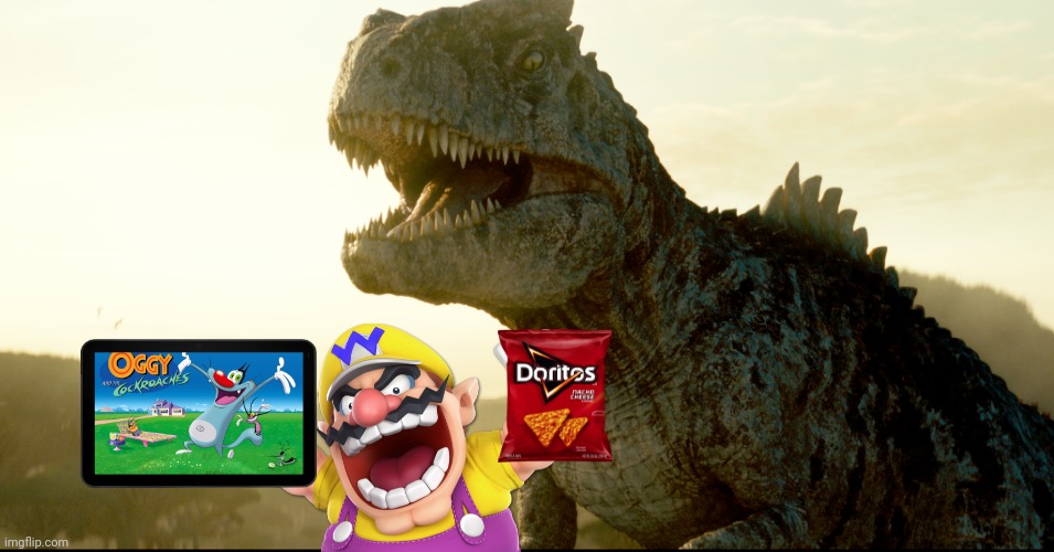 Wario dies by the Giganotosaurus while eating doritos and watching Oggy and the Cockroaches | image tagged in wario dies,wario,oggy and the cockroaches,jurassic park,jurassic world,dinosaur | made w/ Imgflip meme maker