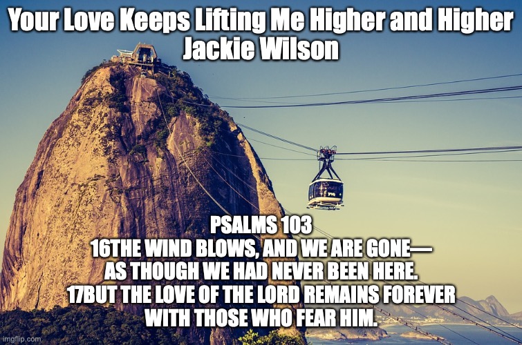 My youth is renewed like the eagle’s! | Your Love Keeps Lifting Me Higher and Higher
Jackie Wilson; PSALMS 103
16THE WIND BLOWS, AND WE ARE GONE—
AS THOUGH WE HAD NEVER BEEN HERE.
17BUT THE LOVE OF THE LORD REMAINS FOREVER
WITH THOSE WHO FEAR HIM. | image tagged in the lord is compassionate and merciful,slow to get angry and filled with unfailing love | made w/ Imgflip meme maker