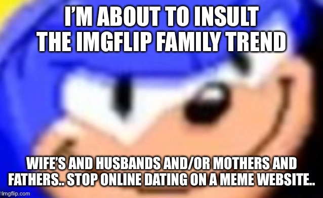 Sonic smile | I’M ABOUT TO INSULT THE IMGFLIP FAMILY TREND; WIFE’S AND HUSBANDS AND/OR MOTHERS AND FATHERS.. STOP ONLINE DATING ON A MEME WEBSITE.. | image tagged in sonic smile | made w/ Imgflip meme maker