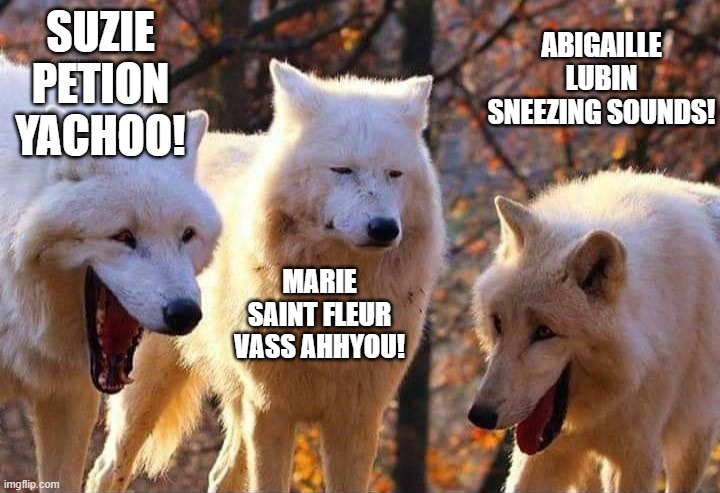 Suzie, Marie and Abby sneezing | SUZIE PETION YACHOO! ABIGAILLE LUBIN SNEEZING SOUNDS! MARIE SAINT FLEUR VASS AHHYOU! | image tagged in laughing wolf,ha ha | made w/ Imgflip meme maker