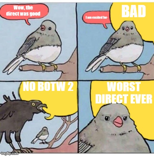 What a bunch of cry-babies | BAD; Wow, the direct was good; I am excited for-; NO BOTW 2; WORST DIRECT EVER | image tagged in annoyed bird | made w/ Imgflip meme maker