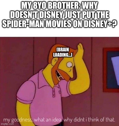 my goodness what an idea why didn't I think of that | MY 8YO BROTHER: WHY DOESN'T DISNEY JUST PUT THE SPIDER-MAN MOVIES ON DISNEY+? (BRAIN LOADING...) | image tagged in my goodness what an idea why didn't i think of that | made w/ Imgflip meme maker