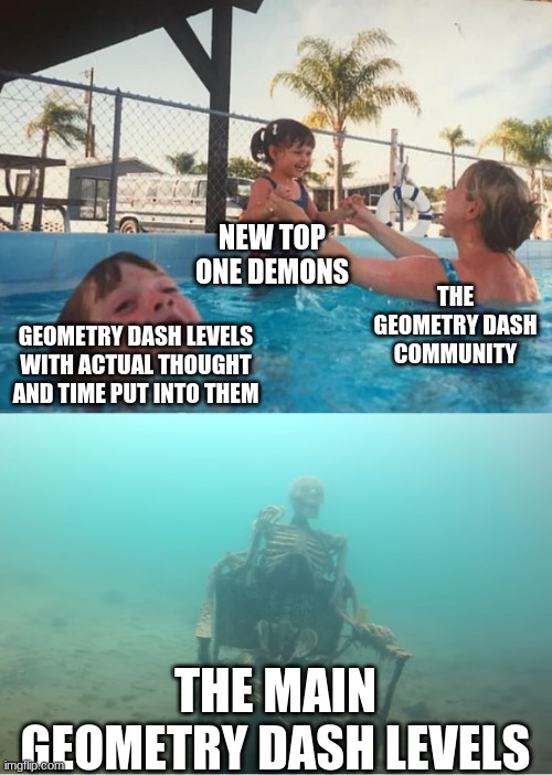 Only people apart of the geometry dash community will get this one. | NEW TOP ONE DEMONS; THE GEOMETRY DASH COMMUNITY; GEOMETRY DASH LEVELS WITH ACTUAL THOUGHT AND TIME PUT INTO THEM; THE MAIN GEOMETRY DASH LEVELS | image tagged in swimming pool kids | made w/ Imgflip meme maker