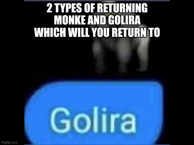 Golira | 2 TYPES OF RETURNING
MONKE AND GOLIRA
WHICH WILL YOU RETURN TO | image tagged in golira | made w/ Imgflip meme maker