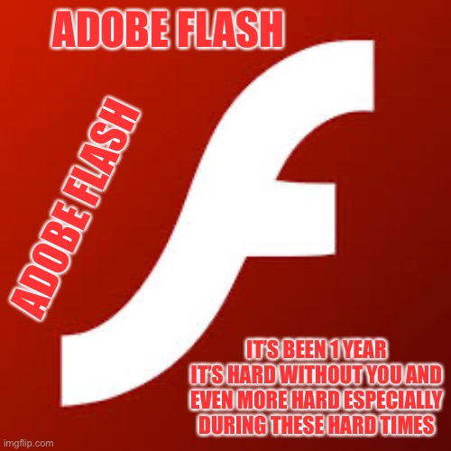 ADOBE FLASH; ADOBE FLASH; IT’S BEEN 1 YEAR IT’S HARD WITHOUT YOU AND EVEN MORE HARD ESPECIALLY DURING THESE HARD TIMES | image tagged in adobe flash | made w/ Imgflip meme maker