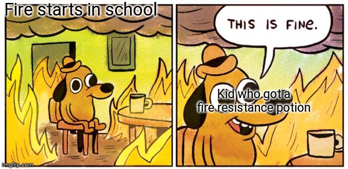 This Is Fine | Fire starts in school; Kid who got a fire resistance potion | image tagged in memes,this is fine | made w/ Imgflip meme maker