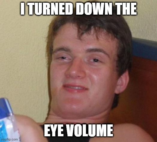 10 Guy Meme | I TURNED DOWN THE; EYE VOLUME | image tagged in memes,10 guy,AdviceAnimals | made w/ Imgflip meme maker