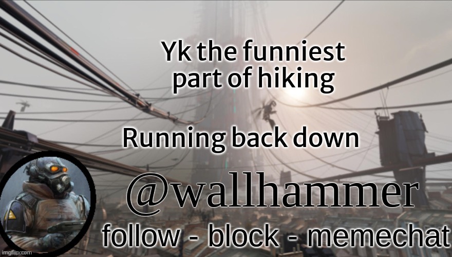 Wallhammer temp (thanks Bluehonu) | Yk the funniest part of hiking; Running back down | image tagged in wallhammer temp thanks bluehonu | made w/ Imgflip meme maker