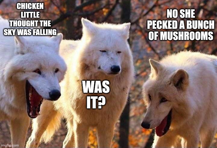 Laughing wolf | CHICKEN LITTLE THOUGHT THE SKY WAS FALLING; NO SHE PECKED A BUNCH OF MUSHROOMS; WAS IT? | image tagged in laughing wolf | made w/ Imgflip meme maker