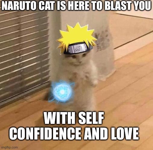 *epic anime noises* | NARUTO CAT IS HERE TO BLAST YOU; WITH SELF CONFIDENCE AND LOVE | image tagged in naruto kitty powers,wholesome | made w/ Imgflip meme maker