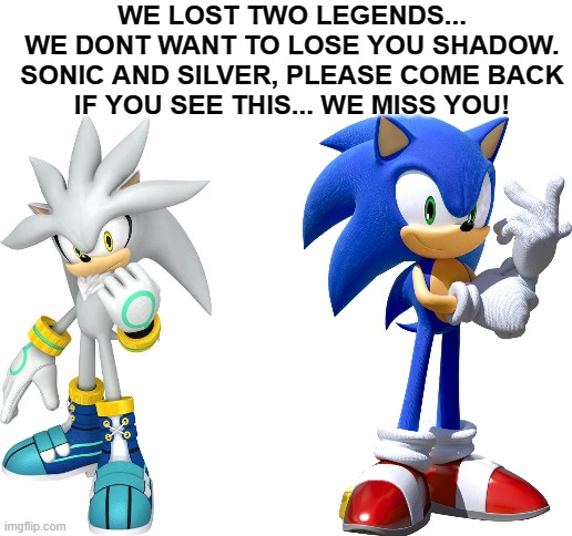 Ik im not the first one posting this... but i wanted to show how i feel about this situation |  WE LOST TWO LEGENDS... WE DONT WANT TO LOSE YOU SHADOW.

SONIC AND SILVER, PLEASE COME BACK IF YOU SEE THIS... WE MISS YOU! | image tagged in not a meme,f in the chat,sad,please come back,we miss you | made w/ Imgflip meme maker