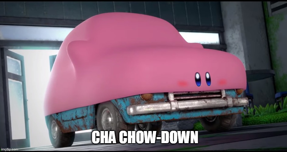 Kirby eats Lighting McQueen | CHA CHOW-DOWN | image tagged in kirby,cars,lighting mcqueen,nintendo,swallow | made w/ Imgflip meme maker