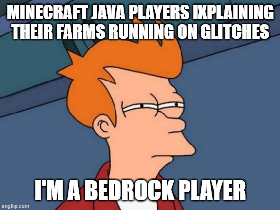 b3dr0ck | MINECRAFT JAVA PLAYERS IXPLAINING THEIR FARMS RUNNING ON GLITCHES; I'M A BEDROCK PLAYER | image tagged in memes,futurama fry | made w/ Imgflip meme maker