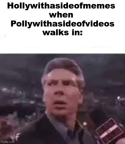 walks in | Hollywithasideofmemes 
when 
Pollywithasideofvideos
walks in: | image tagged in walks in | made w/ Imgflip meme maker