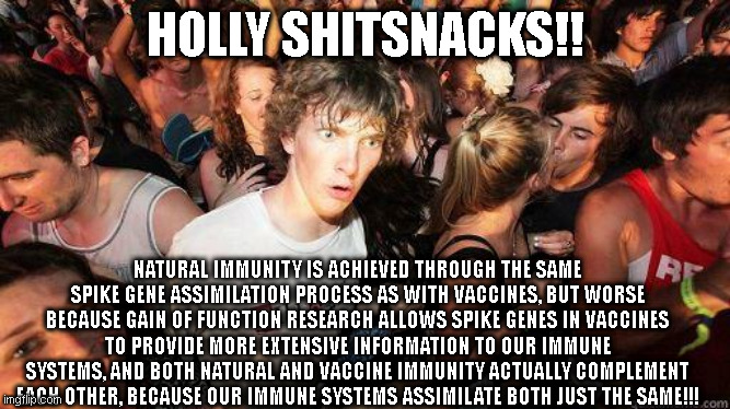 Why getting a booster shot (I'm getting mine tomorrow morning ;) ) when you can just get sick twice!! | HOLLY SHITSNACKS!! NATURAL IMMUNITY IS ACHIEVED THROUGH THE SAME SPIKE GENE ASSIMILATION PROCESS AS WITH VACCINES, BUT WORSE BECAUSE GAIN OF FUNCTION RESEARCH ALLOWS SPIKE GENES IN VACCINES TO PROVIDE MORE EXTENSIVE INFORMATION TO OUR IMMUNE SYSTEMS, AND BOTH NATURAL AND VACCINE IMMUNITY ACTUALLY COMPLEMENT EACH OTHER, BECAUSE OUR IMMUNE SYSTEMS ASSIMILATE BOTH JUST THE SAME!!! | image tagged in sudden realization | made w/ Imgflip meme maker