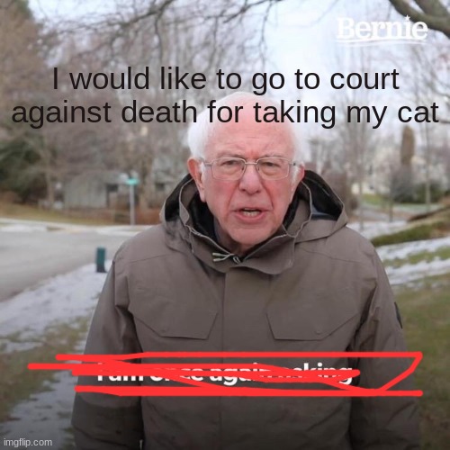 Bernie I Am Once Again Asking For Your Support |  I would like to go to court against death for taking my cat | image tagged in memes,bernie i am once again asking for your support | made w/ Imgflip meme maker