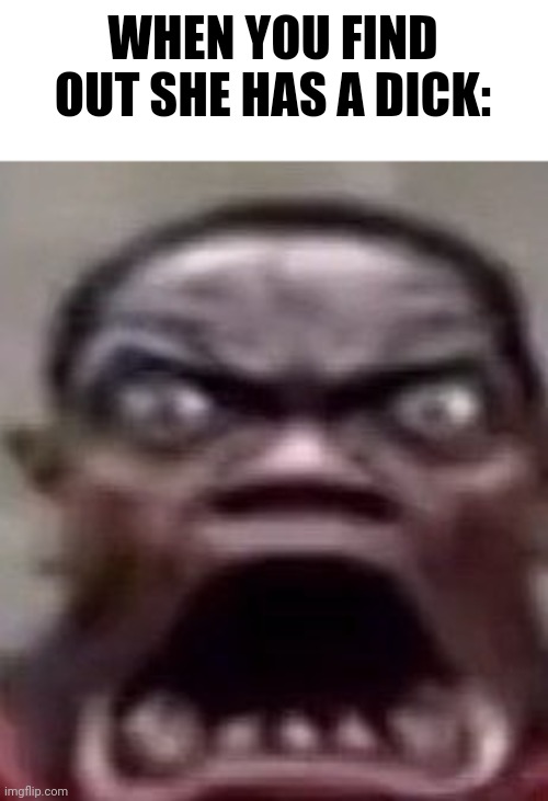 Man screaming | WHEN YOU FIND OUT SHE HAS A DICK: | image tagged in man screaming | made w/ Imgflip meme maker