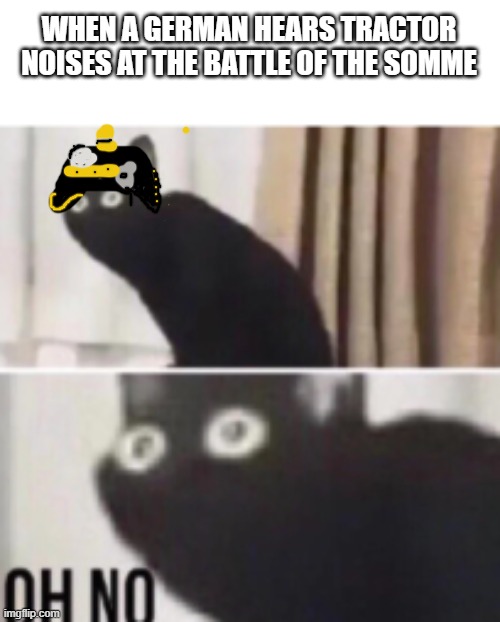 *tank noise intensifies* | WHEN A GERMAN HEARS TRACTOR NOISES AT THE BATTLE OF THE SOMME | image tagged in oh no cat,ww1,tank,ww1_and_2_memes | made w/ Imgflip meme maker