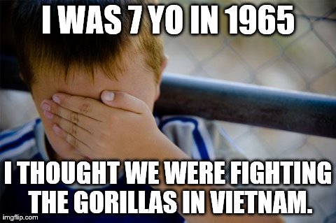 Confession Kid Meme | I WAS 7 YO IN 1965 I THOUGHT WE WERE FIGHTING THE GORILLAS IN VIETNAM. | image tagged in memes,confession kid,AdviceAnimals | made w/ Imgflip meme maker