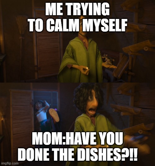 "every mom" | ME TRYING TO CALM MYSELF; MOM:HAVE YOU DONE THE DISHES?!! | image tagged in encanto bruno mirabel | made w/ Imgflip meme maker