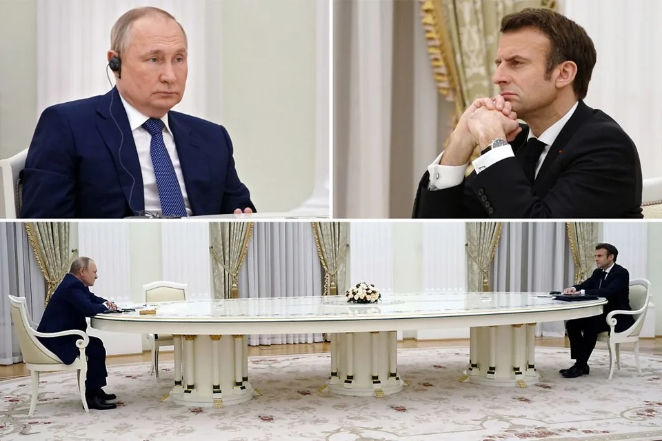 Putin & Macron Sitting At A Long Table Blank Meme Template